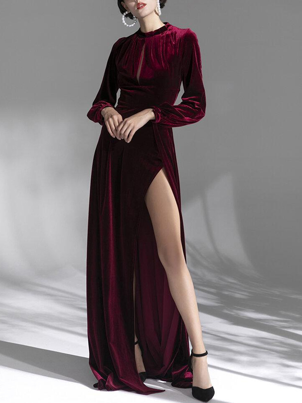 Burgundy Vintage Velvet Long Slim Fit French Elegant Evening Dress