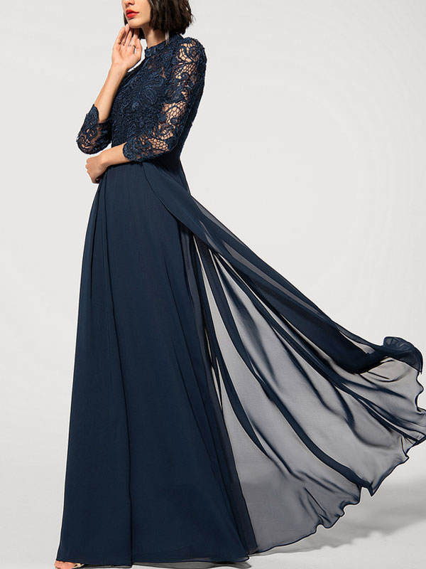 A-Line High Neck Floor-Length Chiffon Lace Evening Dress