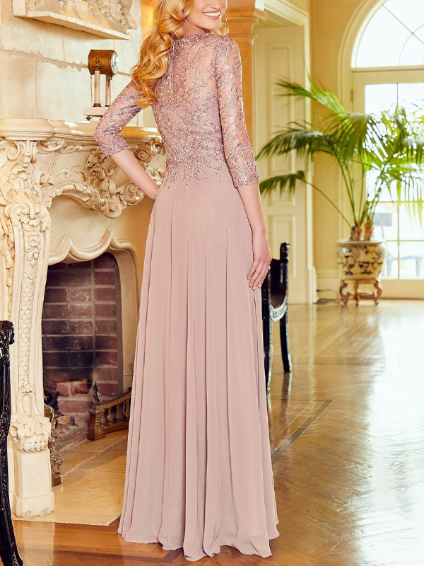 V Neck Three Quarter Sleeve Evening Dress