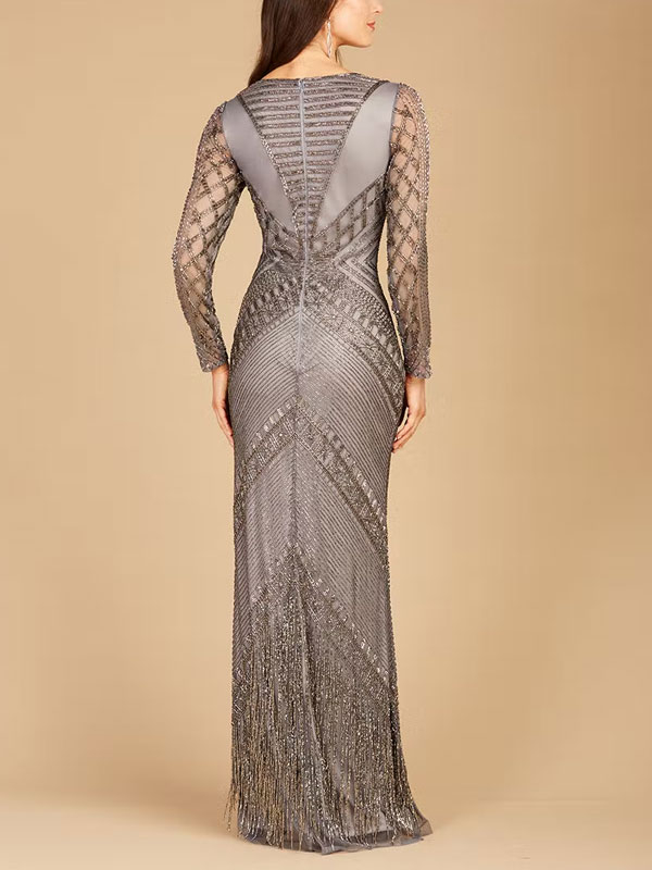 V-neck long-sleeved tassel evening ladies dress