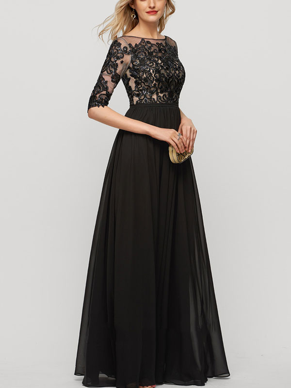 A-line floor length chiffon lace sequin evening dress